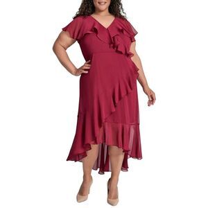 DKNY Womens Plus Size V-Neck Ruffled High-Low Hem Dress 16W Beet - NWT $139